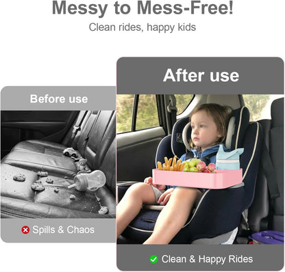 Car Seat Tray for Kids Toddlers Travel with 3-Inch Cup Holder & Dip Well