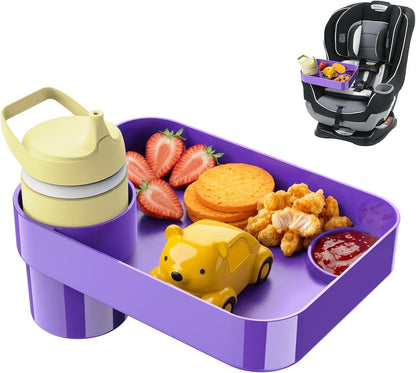 Car Seat Tray for Kids Toddlers Travel with 3-Inch Cup Holder & Dip Well