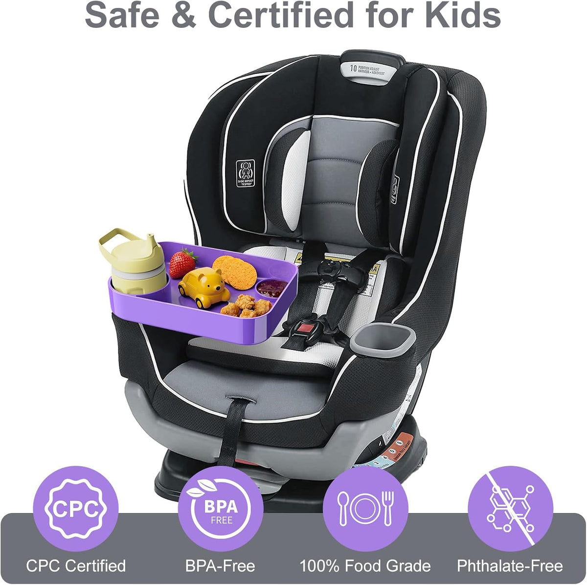 Car Seat Tray for Kids Toddlers Travel with 3-Inch Cup Holder & Dip Well