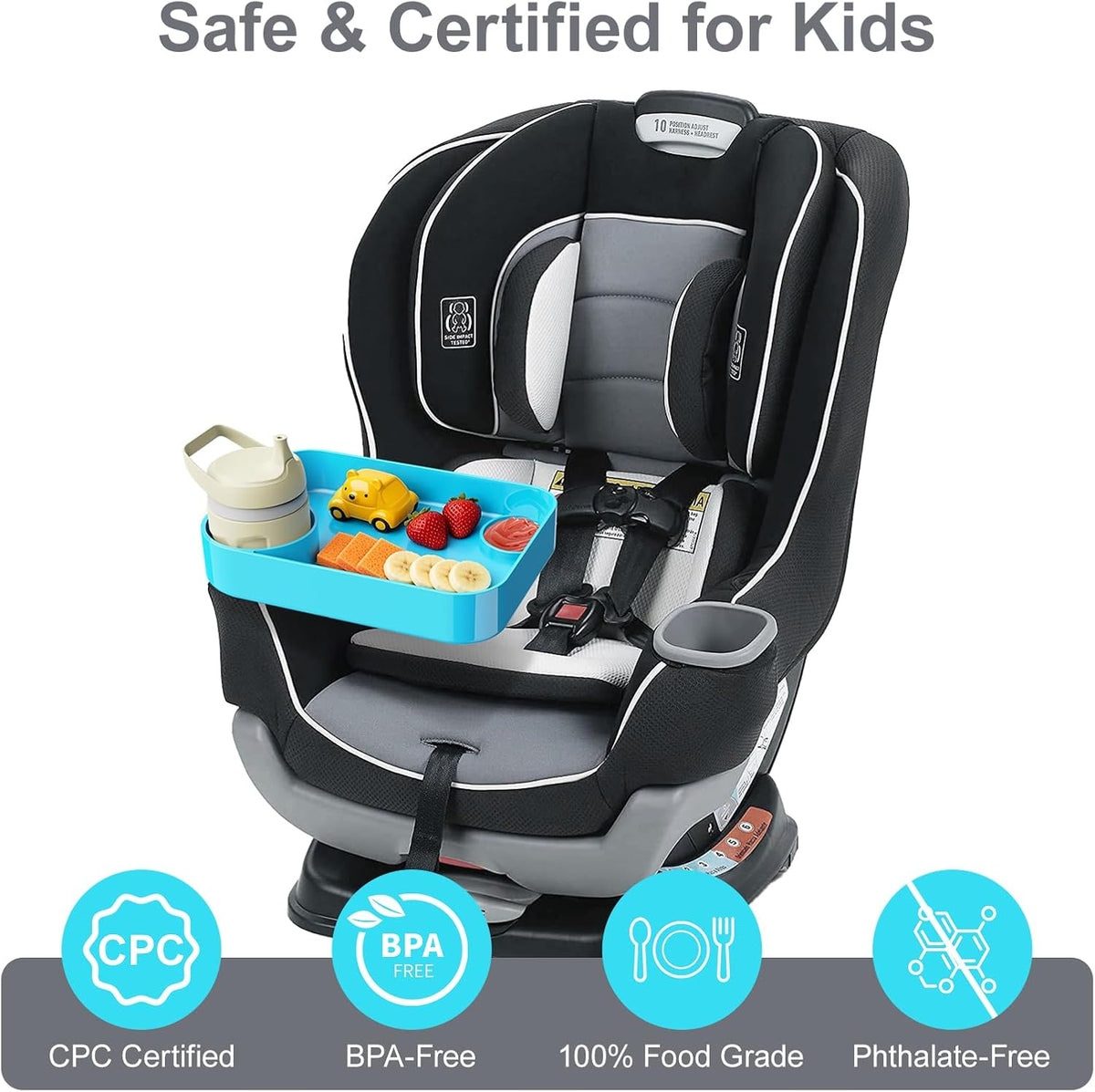 Car Seat Tray for Kids Toddlers Travel with 3-Inch Cup Holder & Dip Well