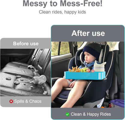 Car Seat Tray for Kids Toddlers Travel with 3-Inch Cup Holder & Dip Well