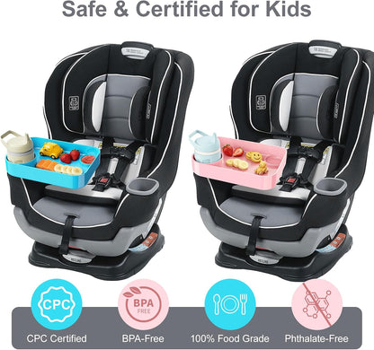 Car Seat Tray for Kids Toddlers Travel with 3-Inch Cup Holder & Dip Well
