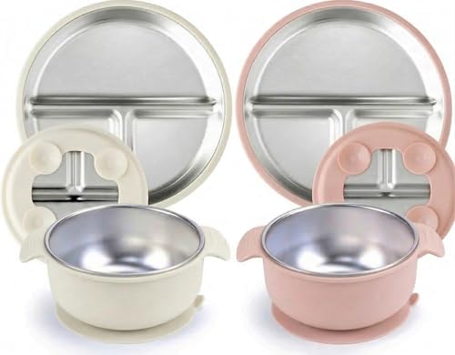 4-Piece Stainless Steel Baby Feeding Set - 2 Suction Divided Plates & 2 Suction Bowls with Handles, Removable Silicone Sleeves, Non-Toxic Toddler Dishes (Tofu & Pearl Blush)
