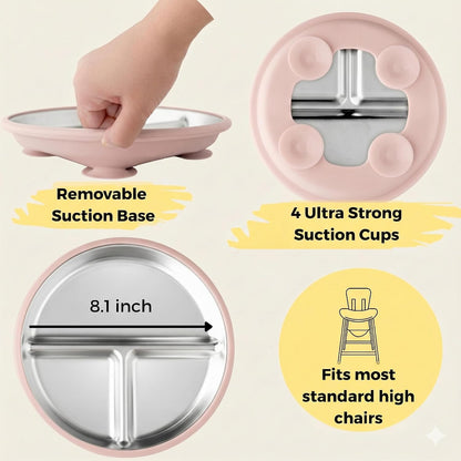 4-Piece Stainless Steel Baby Feeding Set - 2 Suction Divided Plates & 2 Suction Bowls with Handles, Removable Silicone Sleeves, Non-Toxic Toddler Dishes (Tofu & Pearl Blush)