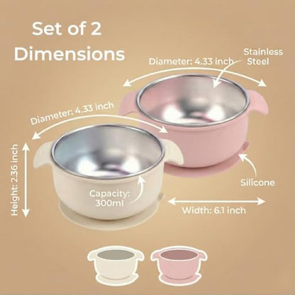4-Piece Stainless Steel Baby Feeding Set - 2 Suction Divided Plates & 2 Suction Bowls with Handles, Removable Silicone Sleeves, Non-Toxic Toddler Dishes (Tofu & Pearl Blush)