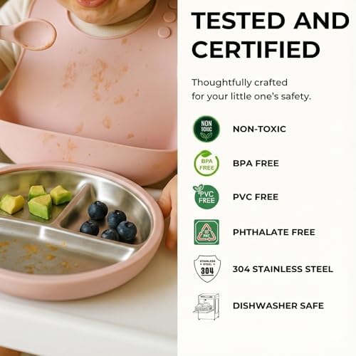 4-Piece Stainless Steel Baby Feeding Set - 2 Suction Divided Plates & 2 Suction Bowls with Handles, Removable Silicone Sleeves, Non-Toxic Toddler Dishes (Tofu & Pearl Blush)