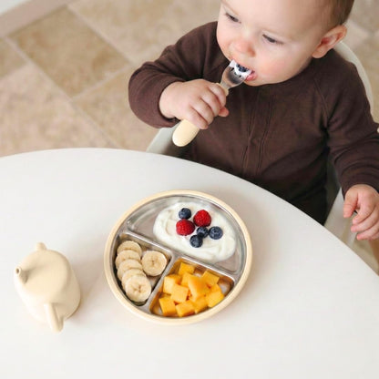 4-Piece Stainless Steel Baby Feeding Set - 2 Suction Divided Plates & 2 Suction Bowls with Handles, Removable Silicone Sleeves, Non-Toxic Toddler Dishes (Tofu & Pearl Blush)