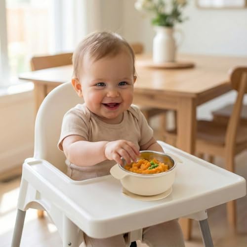 4-Piece Stainless Steel Baby Feeding Set - 2 Suction Divided Plates & 2 Suction Bowls with Handles, Removable Silicone Sleeves, Non-Toxic Toddler Dishes (Tofu & Pearl Blush)