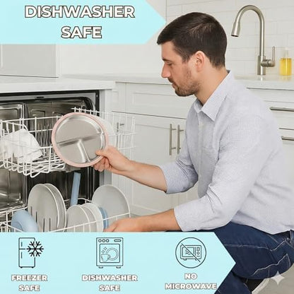 4-Piece Stainless Steel Baby Feeding Set - 2 Suction Divided Plates & 2 Suction Bowls with Handles, Removable Silicone Sleeves, Non-Toxic Toddler Dishes (Tofu & Pearl Blush)