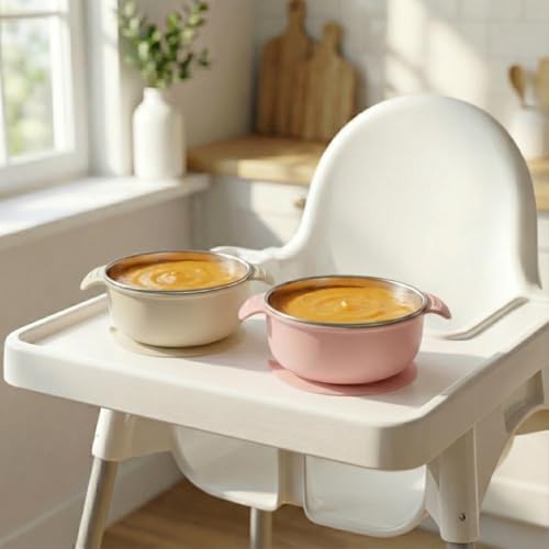 4-Piece Stainless Steel Baby Feeding Set - 2 Suction Divided Plates & 2 Suction Bowls with Handles, Removable Silicone Sleeves, Non-Toxic Toddler Dishes (Tofu & Pearl Blush)