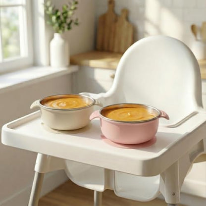 4-Piece Stainless Steel Baby Feeding Set - 2 Suction Divided Plates & 2 Suction Bowls with Handles, Removable Silicone Sleeves, Non-Toxic Toddler Dishes (Tofu & Pearl Blush)