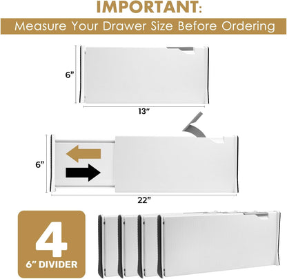 Adjustable Deep Drawer Divider – 5" Tall, Expandable 13-22", Non-Slip Drawer Dividers for Clothes, Dresser, Kitchen & Office Organization (White)