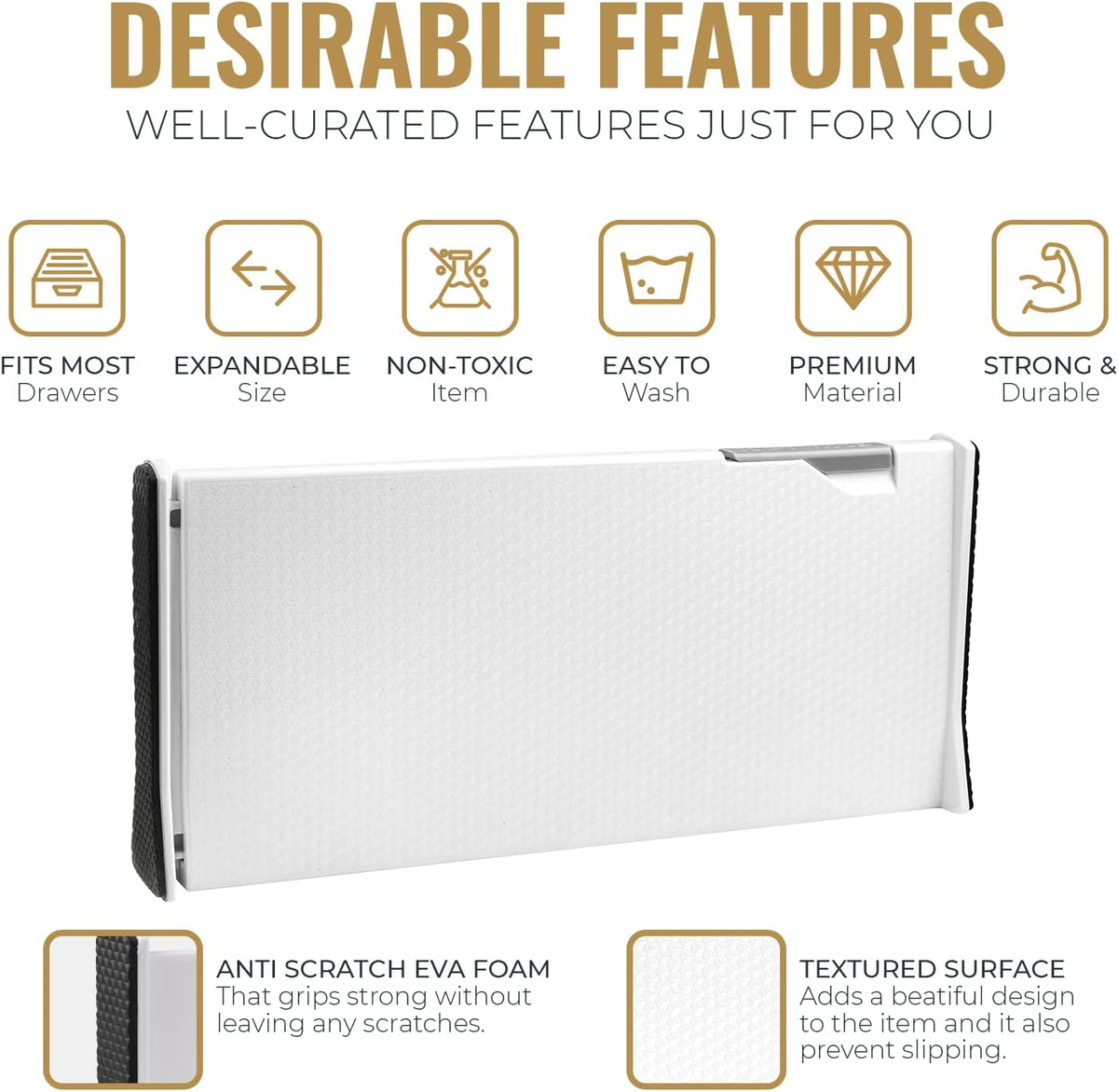 Adjustable Deep Drawer Divider – 5" Tall, Expandable 13-22", Non-Slip Drawer Dividers for Clothes, Dresser, Kitchen & Office Organization (White)