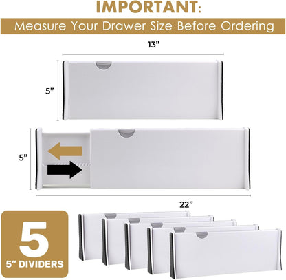 Adjustable Deep Drawer Divider – 5" Tall, Expandable 13-22", Non-Slip Drawer Dividers for Clothes, Dresser, Kitchen & Office Organization (White)