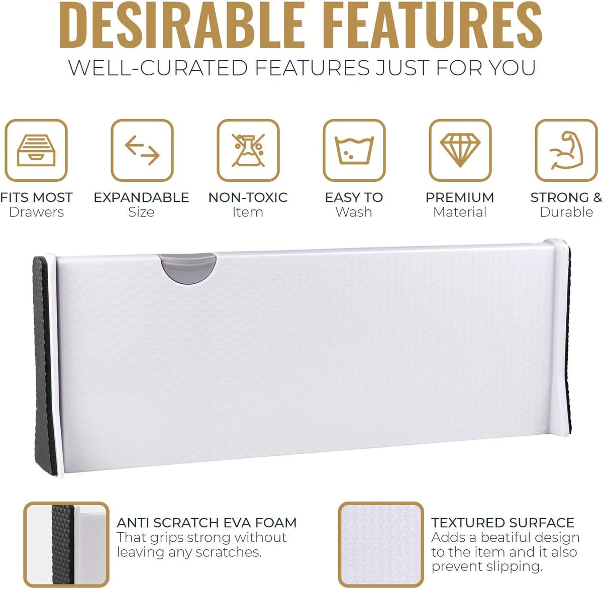 Adjustable Deep Drawer Divider – 5" Tall, Expandable 13-22", Non-Slip Drawer Dividers for Clothes, Dresser, Kitchen & Office Organization (White)
