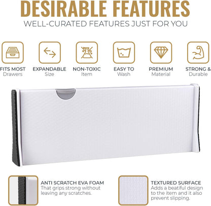 Adjustable Deep Drawer Divider – 5" Tall, Expandable 13-22", Non-Slip Drawer Dividers for Clothes, Dresser, Kitchen & Office Organization (White)