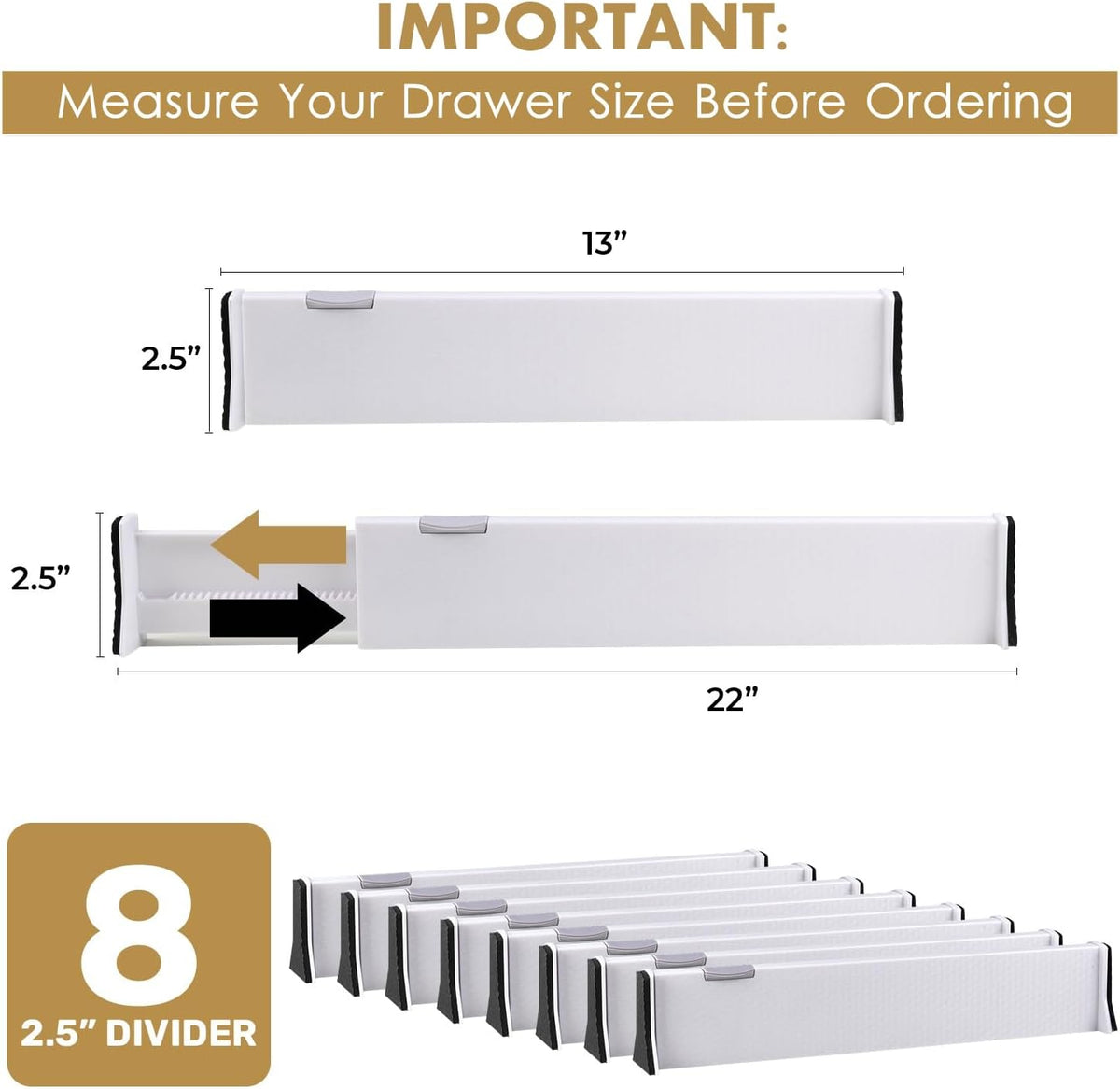 Adjustable Deep Drawer Divider – 5" Tall, Expandable 13-22", Non-Slip Drawer Dividers for Clothes, Dresser, Kitchen & Office Organization (White)