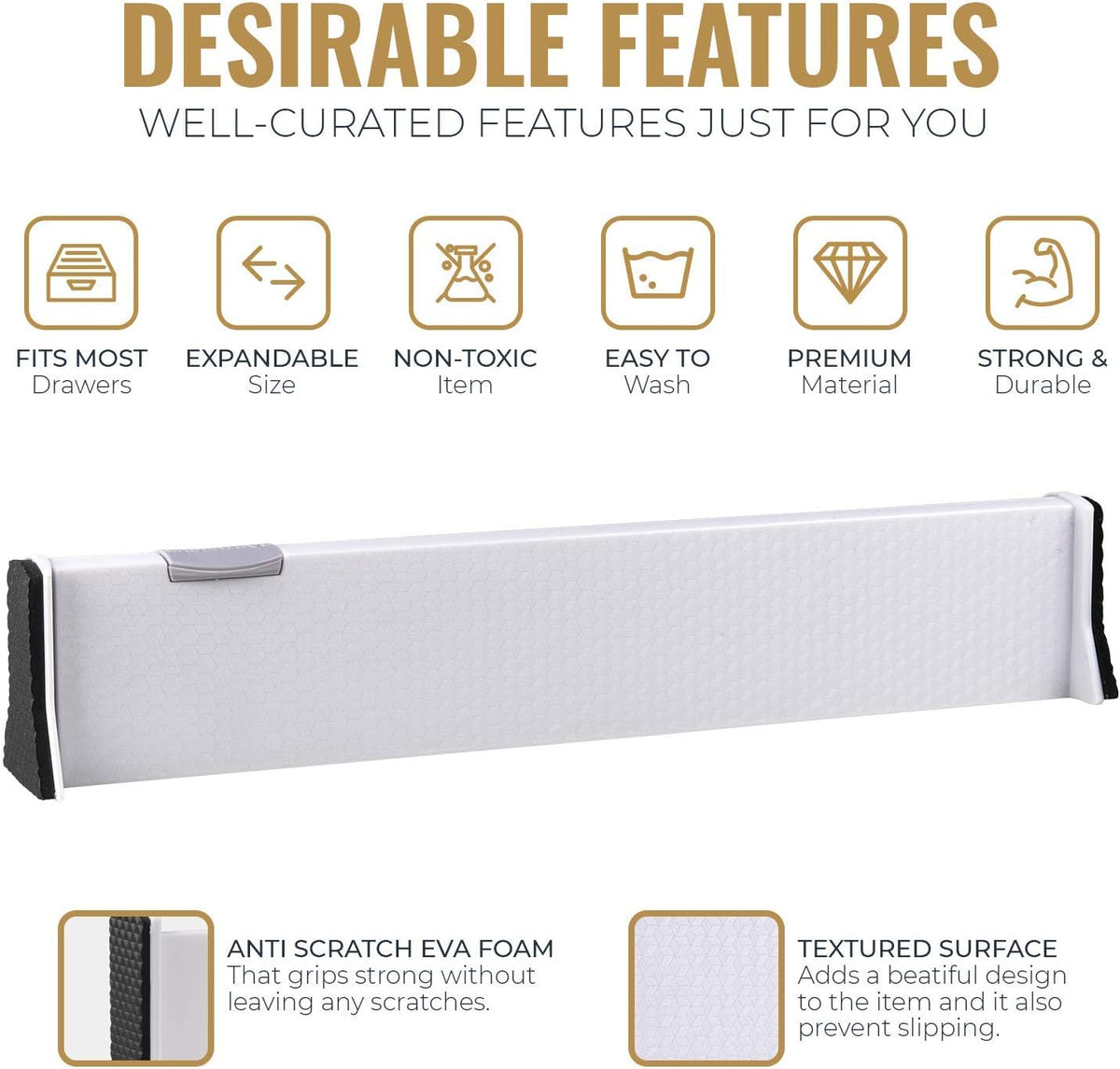 Adjustable Deep Drawer Divider – 5" Tall, Expandable 13-22", Non-Slip Drawer Dividers for Clothes, Dresser, Kitchen & Office Organization (White)