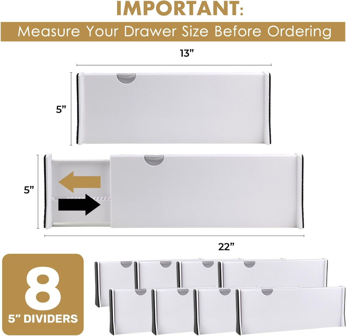 Adjustable Deep Drawer Divider – 5" Tall, Expandable 13-22", Non-Slip Drawer Dividers for Clothes, Dresser, Kitchen & Office Organization (White)