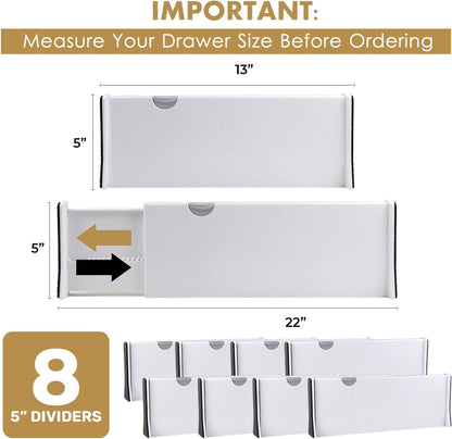 Adjustable Deep Drawer Divider – 5" Tall, Expandable 13-22", Non-Slip Drawer Dividers for Clothes, Dresser, Kitchen & Office Organization (White)