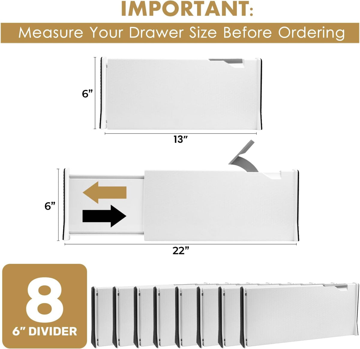 Adjustable Deep Drawer Divider – 5" Tall, Expandable 13-22", Non-Slip Drawer Dividers for Clothes, Dresser, Kitchen & Office Organization (White)