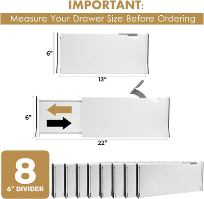 Adjustable Deep Drawer Divider – 5" Tall, Expandable 13-22", Non-Slip Drawer Dividers for Clothes, Dresser, Kitchen & Office Organization (White)