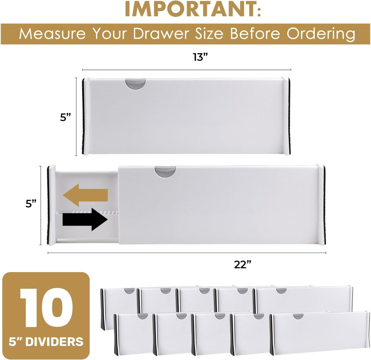 Adjustable Deep Drawer Divider – 5" Tall, Expandable 13-22", Non-Slip Drawer Dividers for Clothes, Dresser, Kitchen & Office Organization (White)