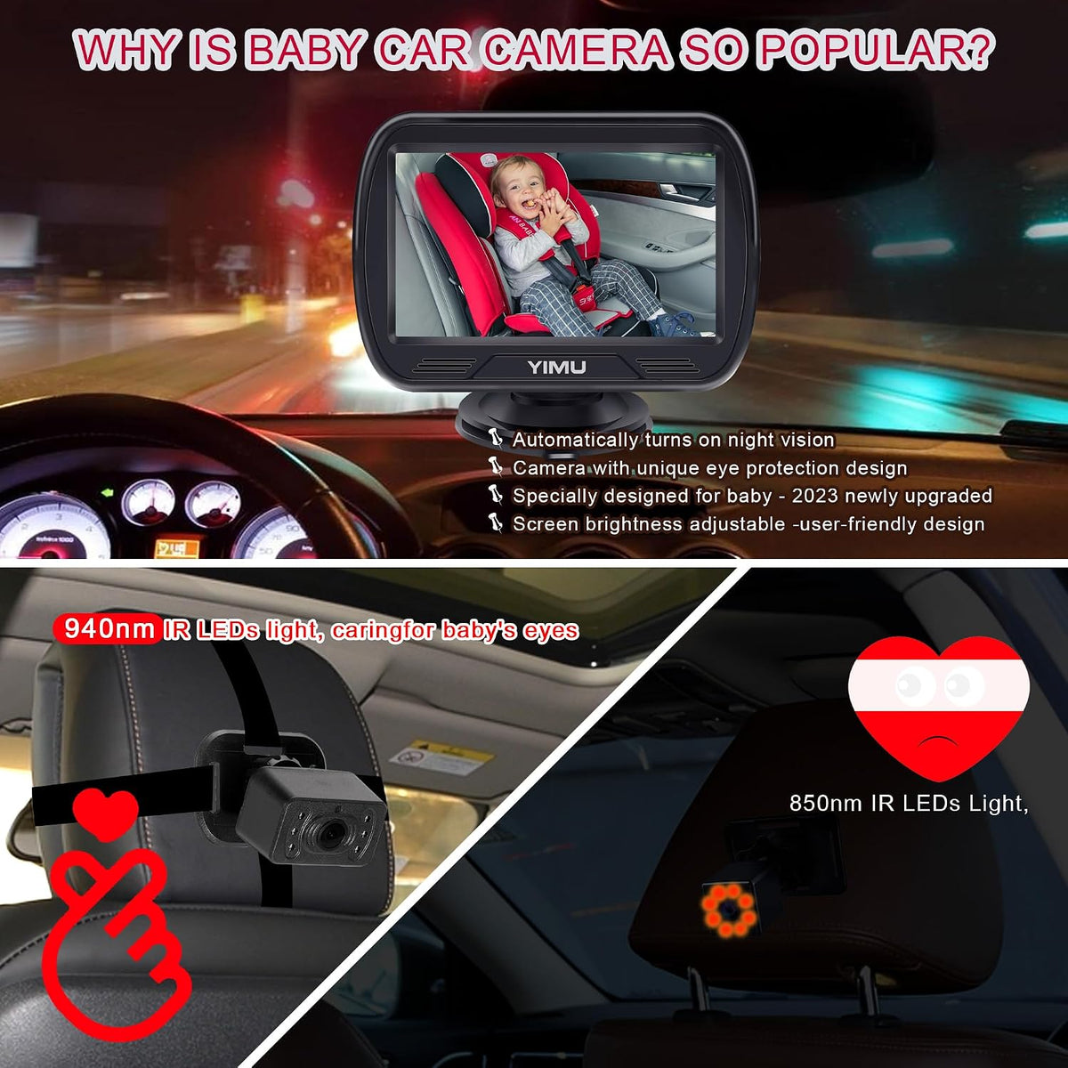HD720P Rear Seat Baby Car Camera for Backseat, Car Headrest Quick-Install Monitor, Night Vision, 360° Rotatable car Camera for Baby with 4.3 inch car Baby Monitor (KB41)