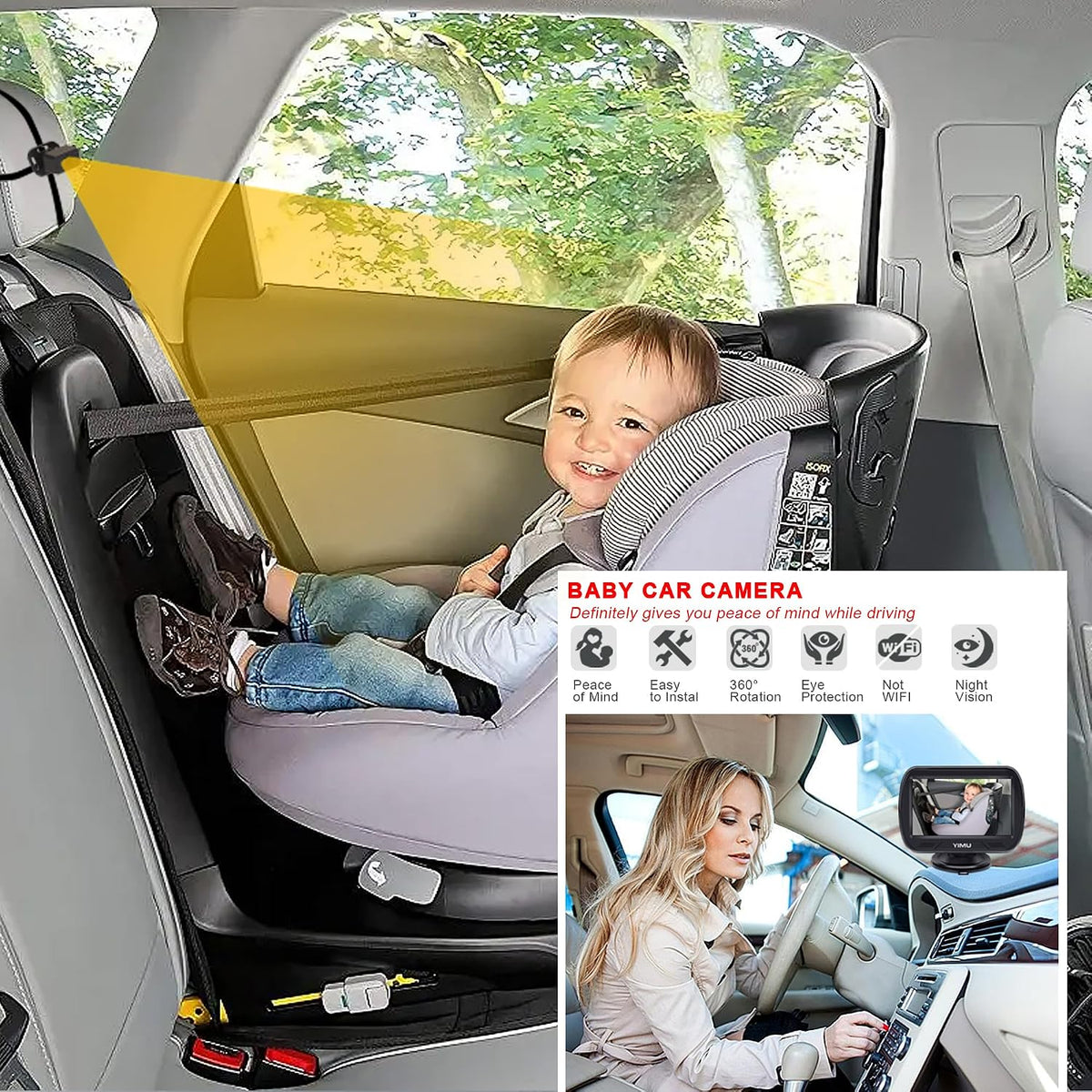 HD720P Rear Seat Baby Car Camera for Backseat, Car Headrest Quick-Install Monitor, Night Vision, 360° Rotatable car Camera for Baby with 4.3 inch car Baby Monitor (KB41)