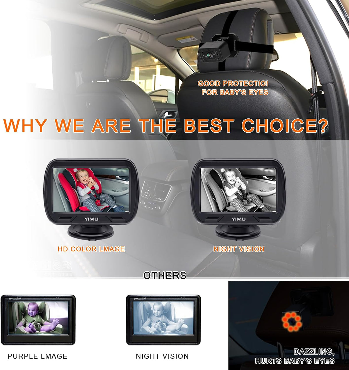 HD720P Rear Seat Baby Car Camera for Backseat, Car Headrest Quick-Install Monitor, Night Vision, 360° Rotatable car Camera for Baby with 4.3 inch car Baby Monitor (KB41)