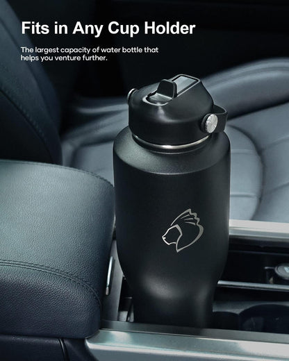 32 oz Insulated Water Bottle Fits in Car Cup Holders, Stainless Steel | Cup Holder Friendly Tumbler, 48 Hrs Cold, Leakproof Straw Lid, Triple Walled Metal Bottles for Travel