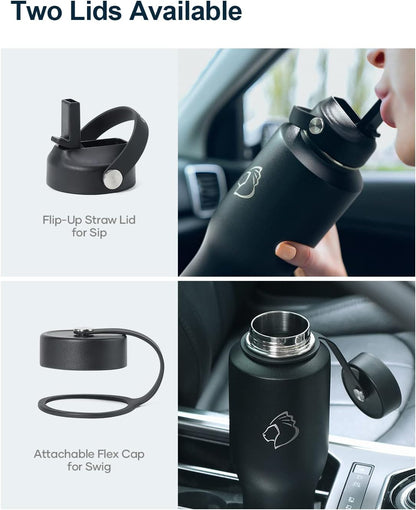 32 oz Insulated Water Bottle Fits in Car Cup Holders, Stainless Steel | Cup Holder Friendly Tumbler, 48 Hrs Cold, Leakproof Straw Lid, Triple Walled Metal Bottles for Travel