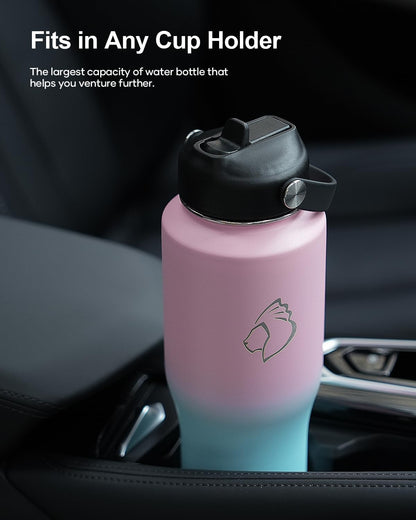 32 oz Insulated Water Bottle Fits in Car Cup Holders, Stainless Steel | Cup Holder Friendly Tumbler, 48 Hrs Cold, Leakproof Straw Lid, Triple Walled Metal Bottles for Travel