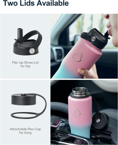 32 oz Insulated Water Bottle Fits in Car Cup Holders, Stainless Steel | Cup Holder Friendly Tumbler, 48 Hrs Cold, Leakproof Straw Lid, Triple Walled Metal Bottles for Travel