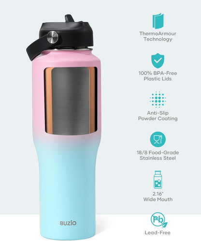 32 oz Insulated Water Bottle Fits in Car Cup Holders, Stainless Steel | Cup Holder Friendly Tumbler, 48 Hrs Cold, Leakproof Straw Lid, Triple Walled Metal Bottles for Travel