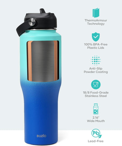 32 oz Insulated Water Bottle Fits in Car Cup Holders, Stainless Steel | Cup Holder Friendly Tumbler, 48 Hrs Cold, Leakproof Straw Lid, Triple Walled Metal Bottles for Travel