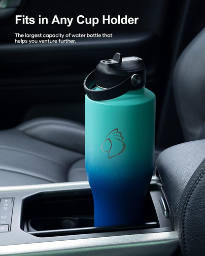 32 oz Insulated Water Bottle Fits in Car Cup Holders, Stainless Steel | Cup Holder Friendly Tumbler, 48 Hrs Cold, Leakproof Straw Lid, Triple Walled Metal Bottles for Travel