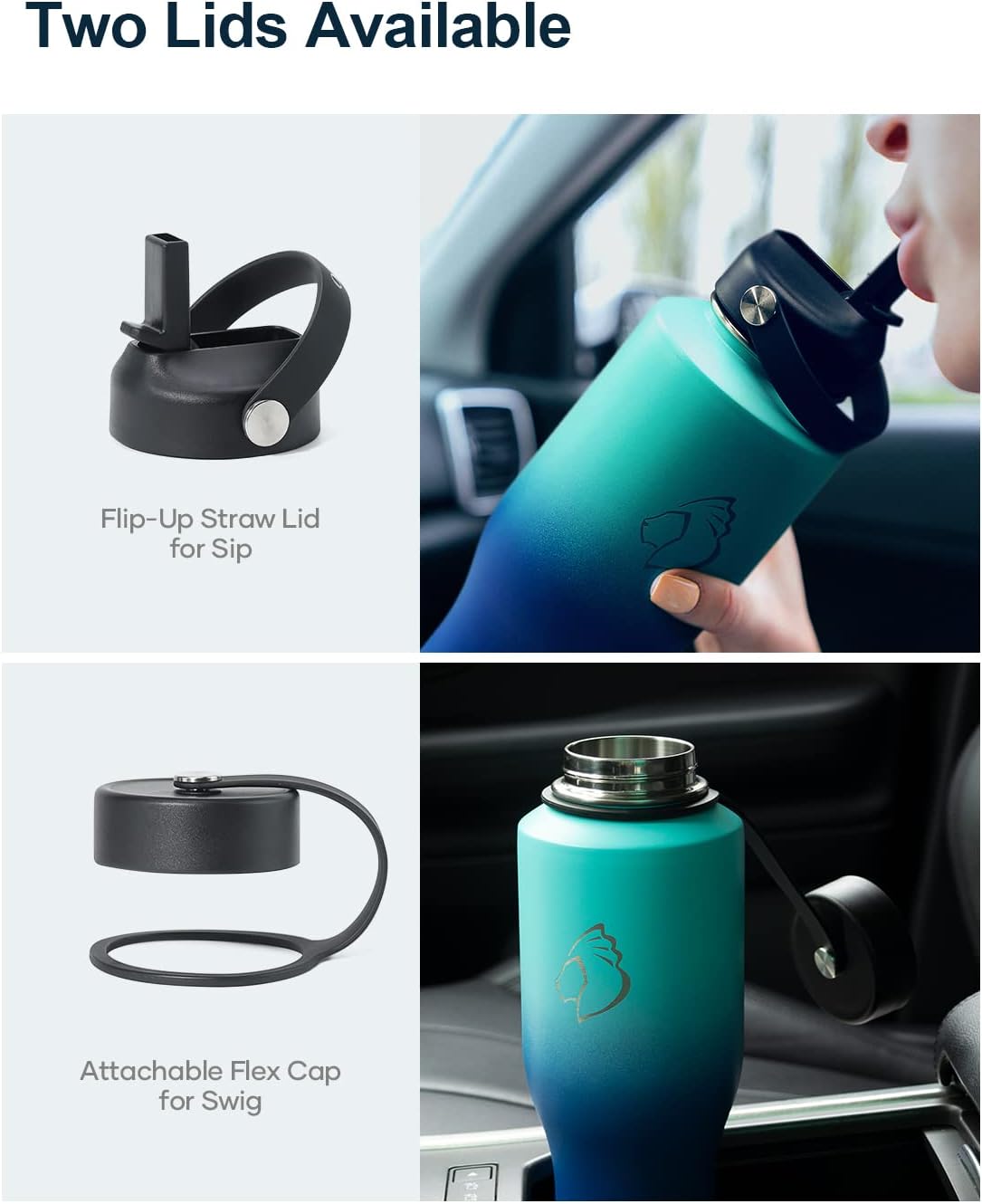 32 oz Insulated Water Bottle Fits in Car Cup Holders, Stainless Steel | Cup Holder Friendly Tumbler, 48 Hrs Cold, Leakproof Straw Lid, Triple Walled Metal Bottles for Travel