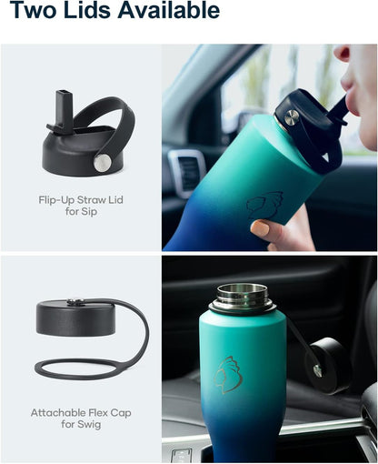 32 oz Insulated Water Bottle Fits in Car Cup Holders, Stainless Steel | Cup Holder Friendly Tumbler, 48 Hrs Cold, Leakproof Straw Lid, Triple Walled Metal Bottles for Travel