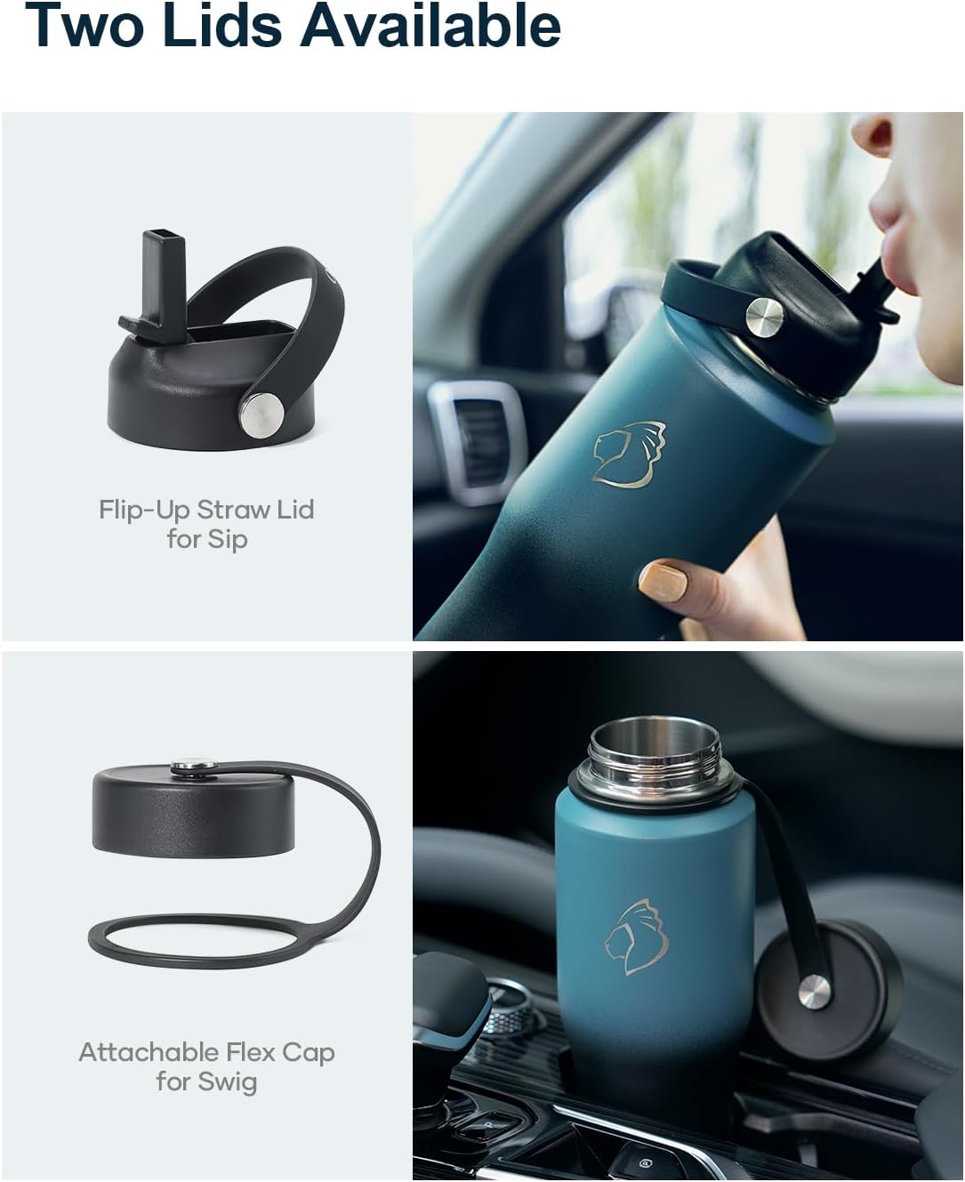 32 oz Insulated Water Bottle Fits in Car Cup Holders, Stainless Steel | Cup Holder Friendly Tumbler, 48 Hrs Cold, Leakproof Straw Lid, Triple Walled Metal Bottles for Travel