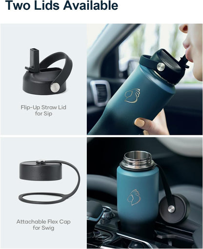 32 oz Insulated Water Bottle Fits in Car Cup Holders, Stainless Steel | Cup Holder Friendly Tumbler, 48 Hrs Cold, Leakproof Straw Lid, Triple Walled Metal Bottles for Travel