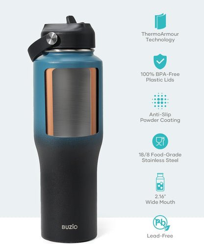 32 oz Insulated Water Bottle Fits in Car Cup Holders, Stainless Steel | Cup Holder Friendly Tumbler, 48 Hrs Cold, Leakproof Straw Lid, Triple Walled Metal Bottles for Travel