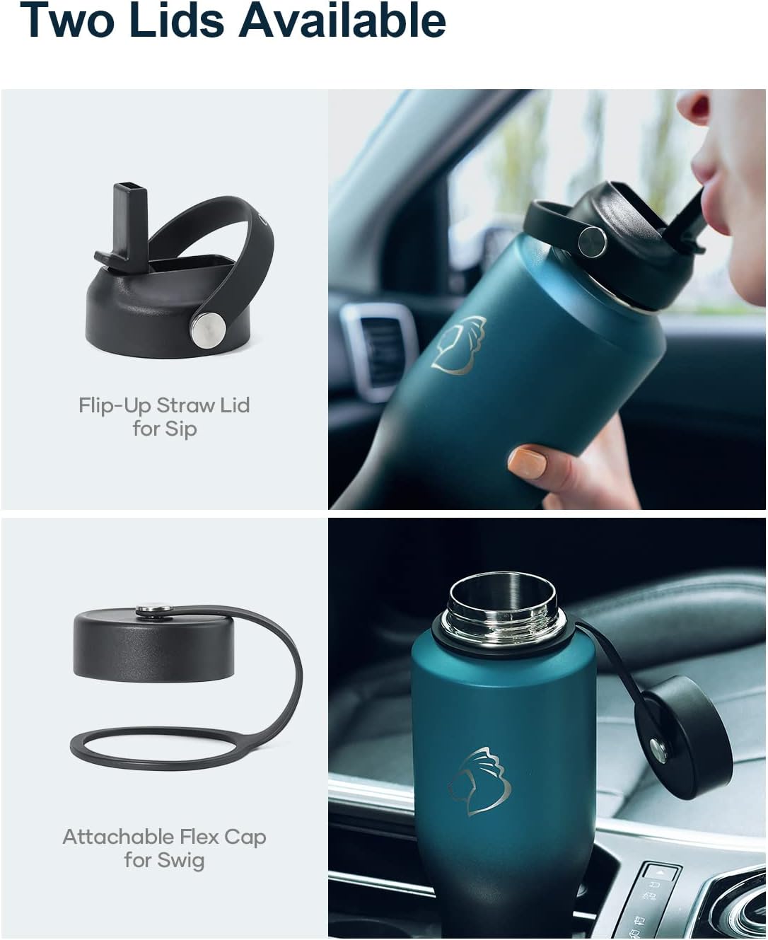 32 oz Insulated Water Bottle Fits in Car Cup Holders, Stainless Steel | Cup Holder Friendly Tumbler, 48 Hrs Cold, Leakproof Straw Lid, Triple Walled Metal Bottles for Travel