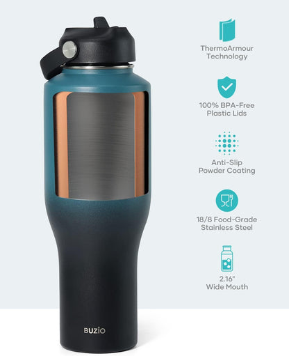 32 oz Insulated Water Bottle Fits in Car Cup Holders, Stainless Steel | Cup Holder Friendly Tumbler, 48 Hrs Cold, Leakproof Straw Lid, Triple Walled Metal Bottles for Travel