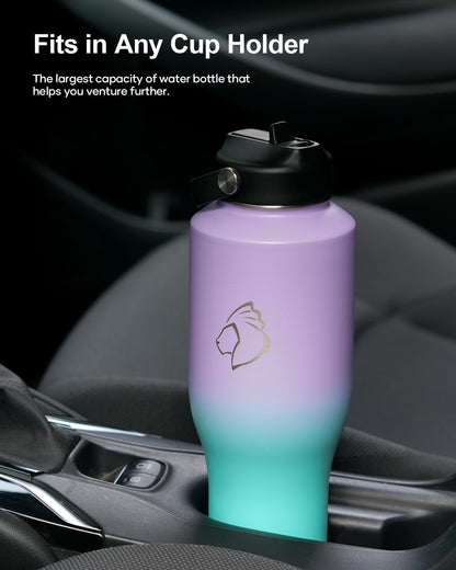 32 oz Insulated Water Bottle Fits in Car Cup Holders, Stainless Steel | Cup Holder Friendly Tumbler, 48 Hrs Cold, Leakproof Straw Lid, Triple Walled Metal Bottles for Travel