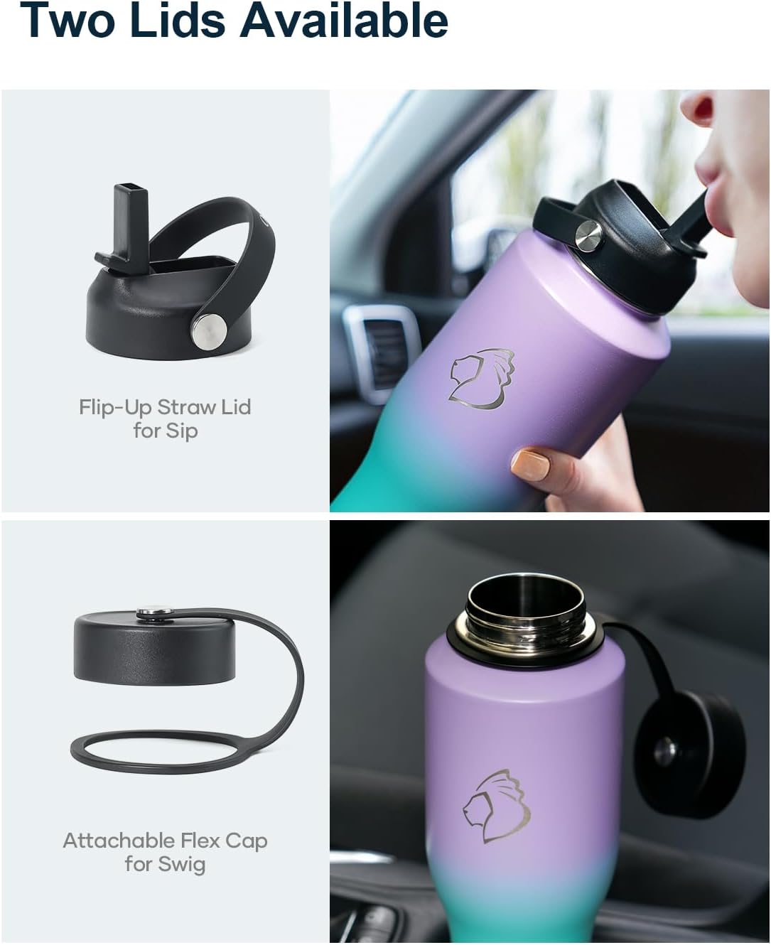 32 oz Insulated Water Bottle Fits in Car Cup Holders, Stainless Steel | Cup Holder Friendly Tumbler, 48 Hrs Cold, Leakproof Straw Lid, Triple Walled Metal Bottles for Travel