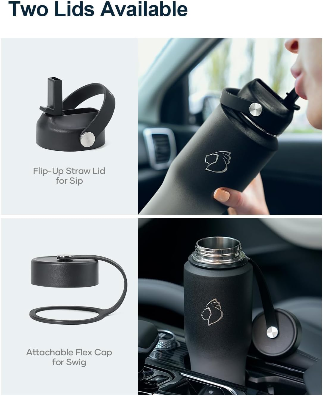 32 oz Insulated Water Bottle Fits in Car Cup Holders, Stainless Steel | Cup Holder Friendly Tumbler, 48 Hrs Cold, Leakproof Straw Lid, Triple Walled Metal Bottles for Travel