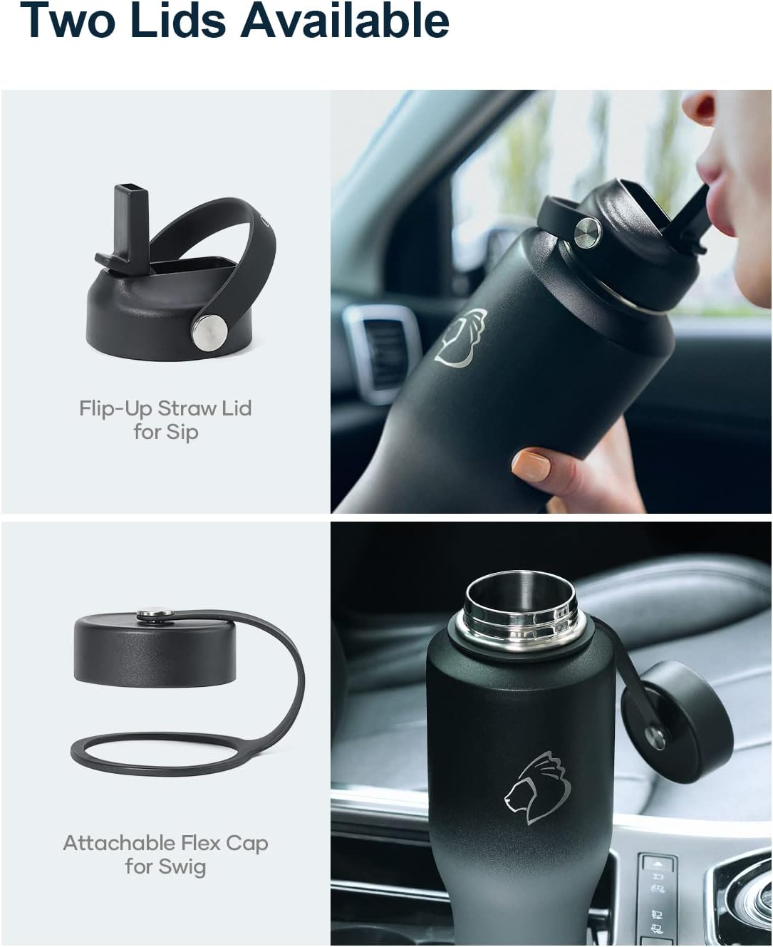 32 oz Insulated Water Bottle Fits in Car Cup Holders, Stainless Steel | Cup Holder Friendly Tumbler, 48 Hrs Cold, Leakproof Straw Lid, Triple Walled Metal Bottles for Travel