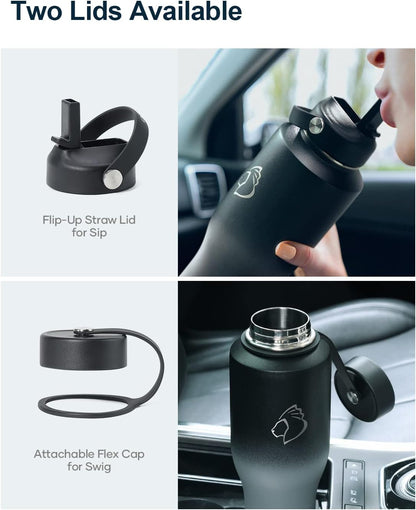 32 oz Insulated Water Bottle Fits in Car Cup Holders, Stainless Steel | Cup Holder Friendly Tumbler, 48 Hrs Cold, Leakproof Straw Lid, Triple Walled Metal Bottles for Travel