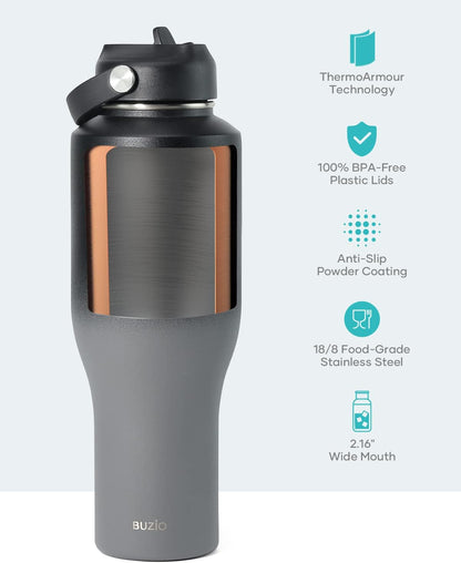 32 oz Insulated Water Bottle Fits in Car Cup Holders, Stainless Steel | Cup Holder Friendly Tumbler, 48 Hrs Cold, Leakproof Straw Lid, Triple Walled Metal Bottles for Travel